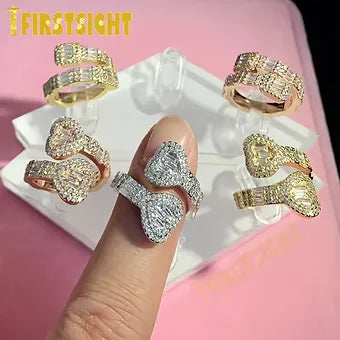 New Iced Out Bling Rectangle CZ Heart Ring Silver Color Cubic Zirconia Square Ch