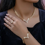 Load image into Gallery viewer, Ring + Bracelet + Necklace Chic Jewelry Set 14k Gold Plated Sparkling V Design Paved Rhinestone Match Daily Outfits Party Decor