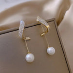 Load image into Gallery viewer, Elegant Faux Pearl Dangle Earrings with Sparkling Crystal Tassels - French-Inspired, Alloy Drop Jewelry for Women | Perfect for Weddings & Everyday Glam