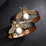 Load image into Gallery viewer, Kpop Bee Leather Bracelets for Women Retro Leather Pearl Bead Black Wrap Bracelet Snap Button Wristband Bangle Jewelry Girl Gift