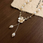Load image into Gallery viewer, Elegant 14K Golden Plated Synthetic Pearl Flower Pendant Necklace with Crystal Dangles - Perfect for Everyday And Formal Occasions