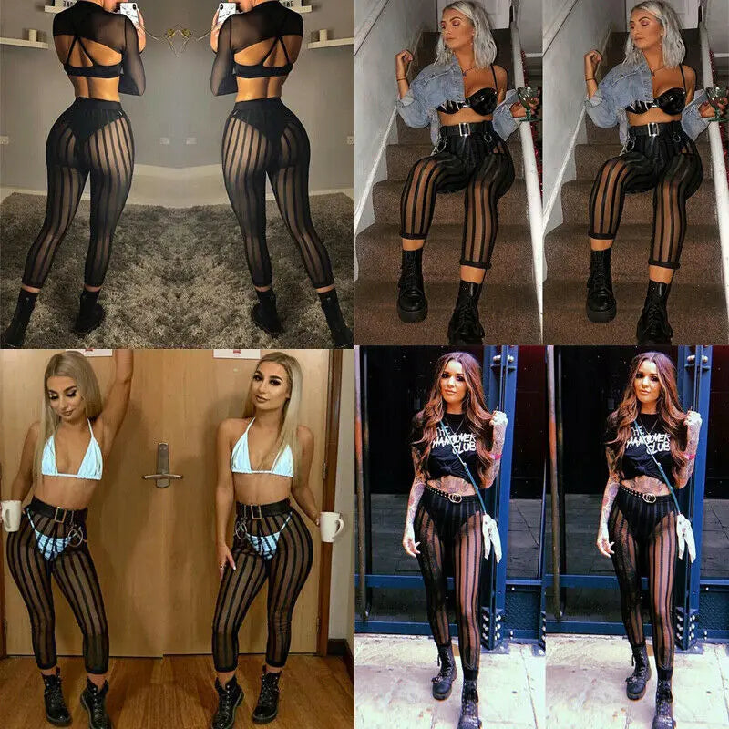 Hirigin Sexy Ladies Women Mesh Sheer See Through Striped Leggings High Waist Bodycon Slim Perspective Legging Pants Trousers