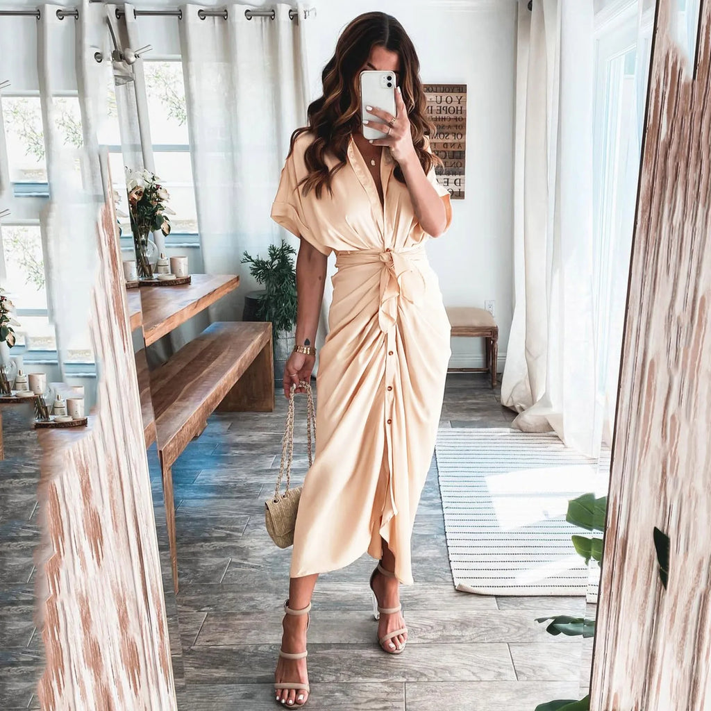 Womens Silk V Neck Elegant Long Dress Short Sleeve Satin Dresses For Women 2021 Summer Party Wrinkle Summer Office Maxi Dress