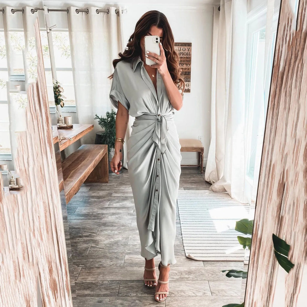 Womens Silk V Neck Elegant Long Dress Short Sleeve Satin Dresses For Women 2021 Summer Party Wrinkle Summer Office Maxi Dress