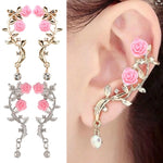 Load image into Gallery viewer, Vintage Rose Flower Cuff Earrings Trendy Rose Flower Climber Crawler Earrings Sparkly Metal Leaf Ear Cuff for Women Girl