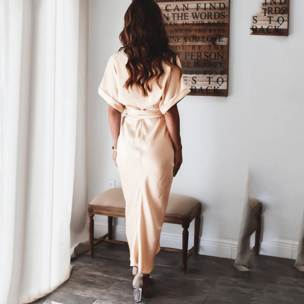 Womens Silk V Neck Elegant Long Dress Short Sleeve Satin Dresses For Women 2021 Summer Party Wrinkle Summer Office Maxi Dress