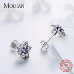Load image into Gallery viewer, Modian High Quality 100% 925 Sterling Silver Flower Purple Crystal Stud Earrings Fashion CZ for Women Wedding Jewelry Gift
