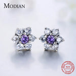 Load image into Gallery viewer, Modian High Quality 100% 925 Sterling Silver Flower Purple Crystal Stud Earrings Fashion CZ for Women Wedding Jewelry Gift