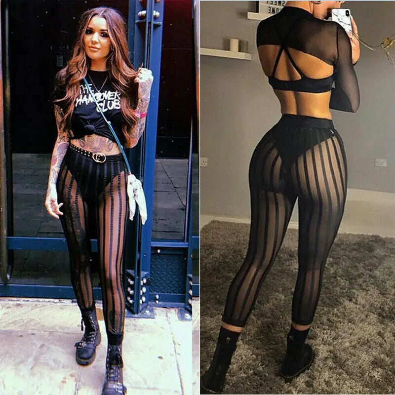 Hirigin Sexy Ladies Women Mesh Sheer See Through Striped Leggings High Waist Bodycon Slim Perspective Legging Pants Trousers