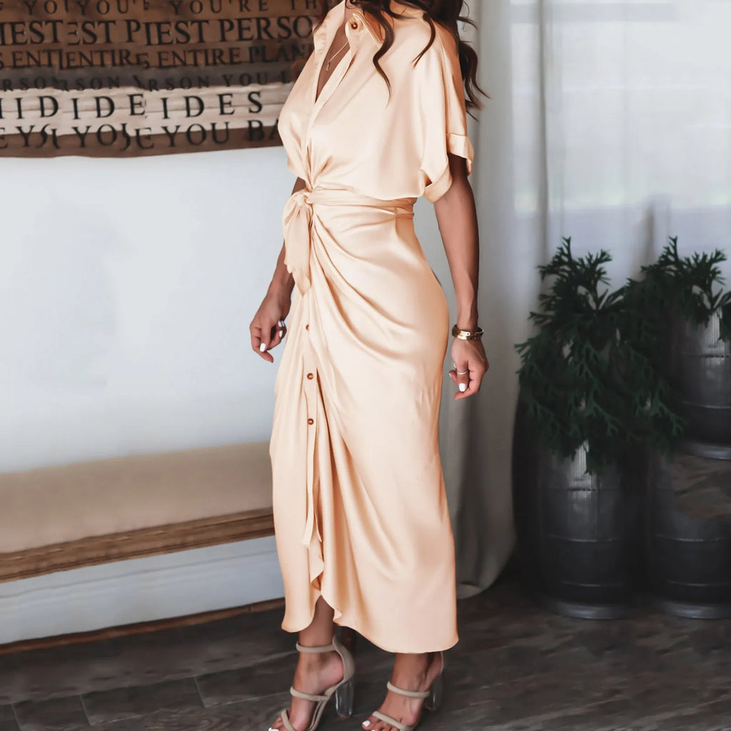 Womens Silk V Neck Elegant Long Dress Short Sleeve Satin Dresses For Women 2021 Summer Party Wrinkle Summer Office Maxi Dress