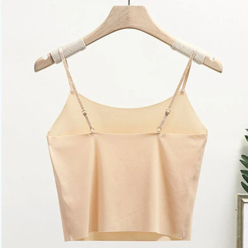 Women Ice Silk Seamless Crop Tops Girls Simple Solid Color Spaghetti Strap Camisole Basic Sleeveless Stretch Sport Vest Tank Top
