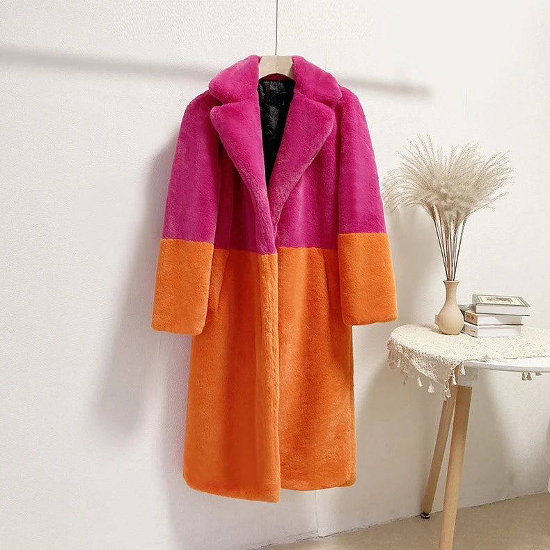 2023 Winter Women High Quality Faux Rabbit Luxury Long Fur Coat Lapel OverCoat Thick Warm Female Plush Jacket Large Size 5XL