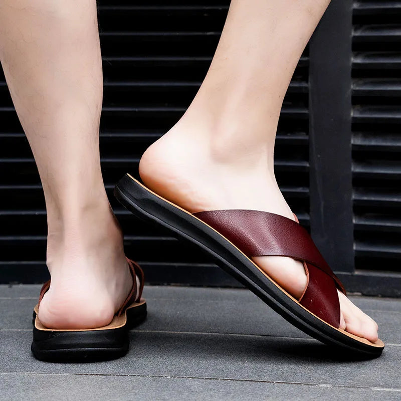 2023 Fashion Men Real Leather Slippers Summer New Black White/red/yellow Cross Over Slippers Men's Leisure Comfort Flat Sandals