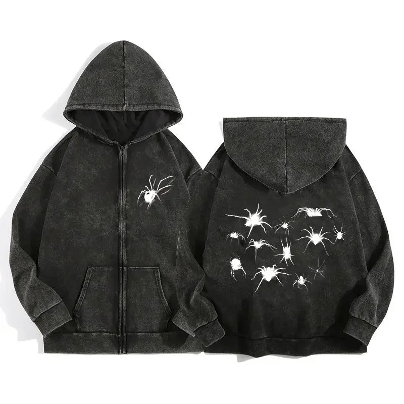 Y2K Acid Wash Zip Up Hoodie Harajuku Retro Gothic Graphic Spider Print Jacket Sweatshirt High Quality Cotton Men Women Clothing