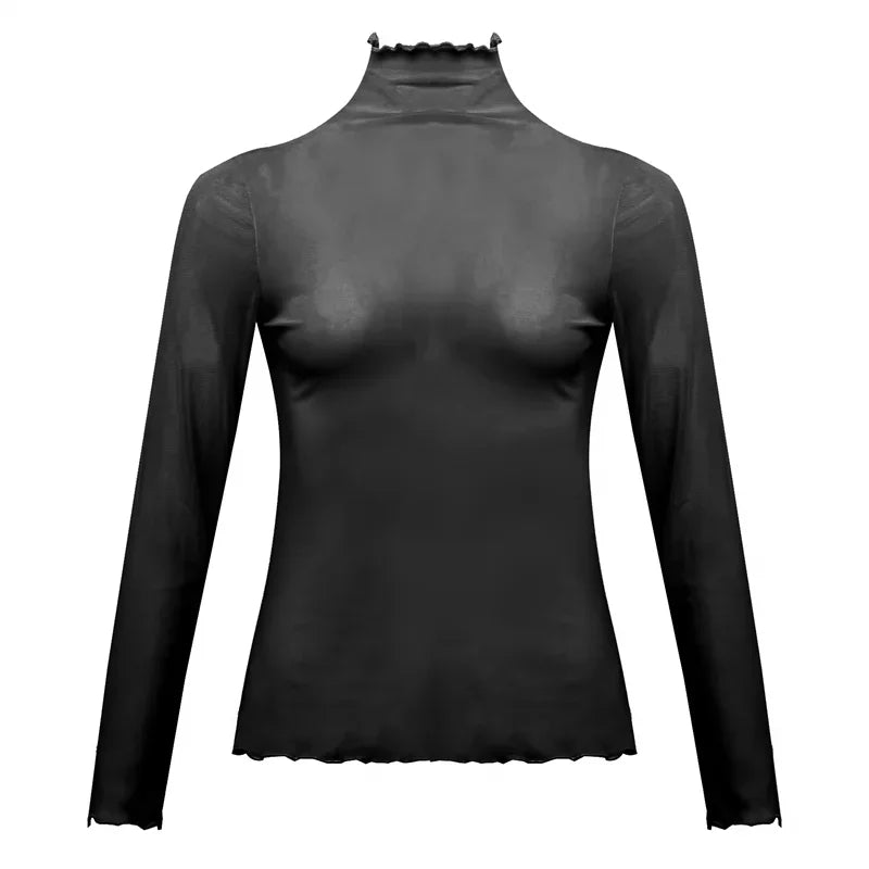 Autumn Korean Mesh T-Shirt Women Turtleneck Vintage Long Sleeve Office Lady Tshirts Slim Women Shirt Lace Blouse for Ladies