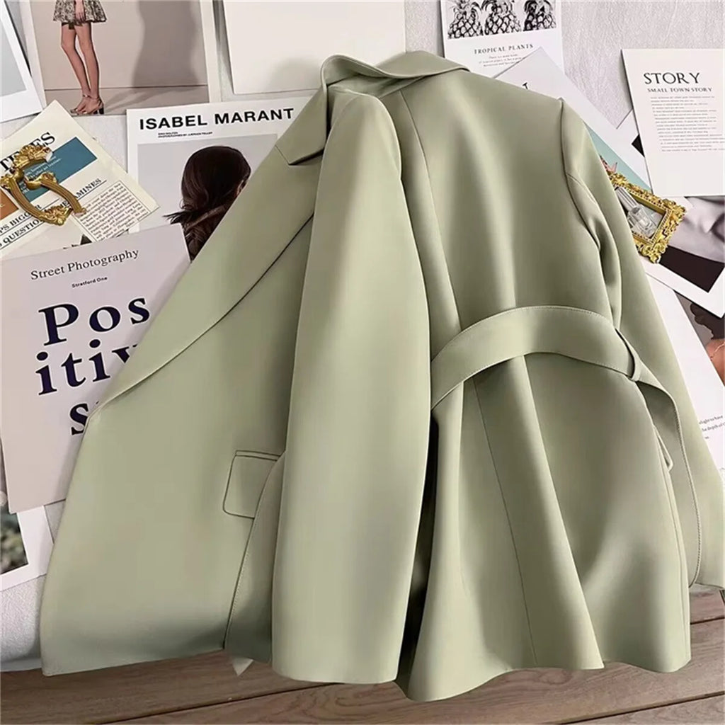 Women's Suit Coat With Belt Elegant Casual Blazer Korean Fashion Luxury Jacket Spring Autumn Solid Color Ladies Office Clothing