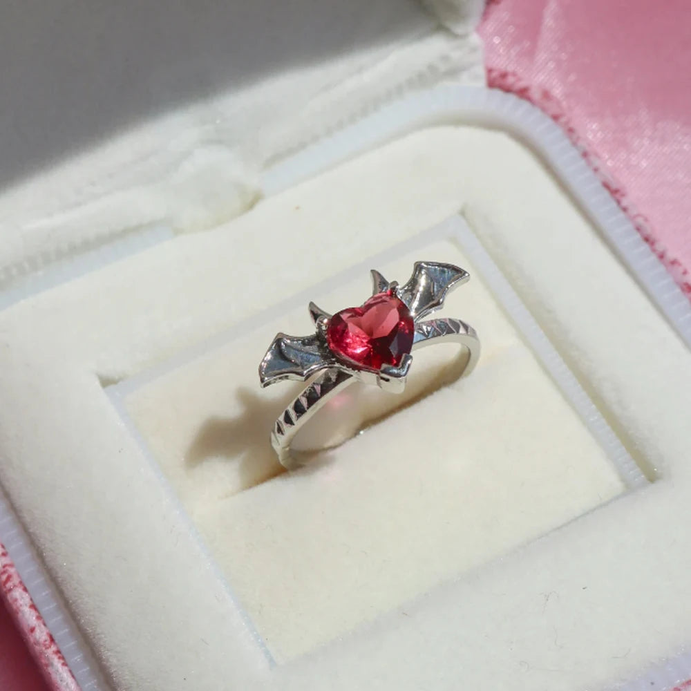 Draculaura Bat Rings, Women Jewelry,Heart, Fashion Gothic Accessories ,Vampire Inspired ,Silver Plated, Adjustable Ring, Gift