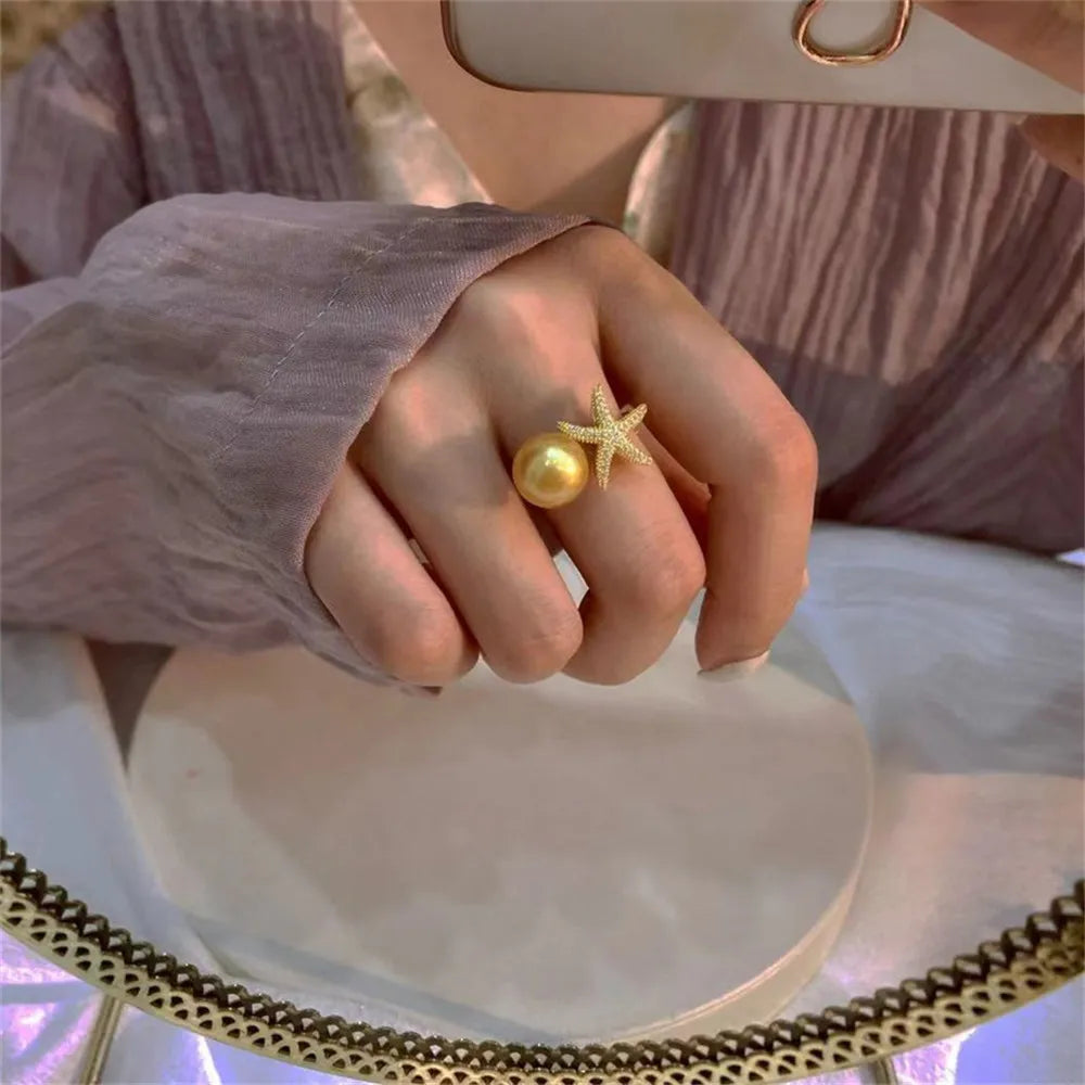 DIY Pearl Ring Accessories S925 Sterling Silver Ring Empty Holder Starfish Ring Silver Jewelry Set Fit 7-10mm Round Flat Beads