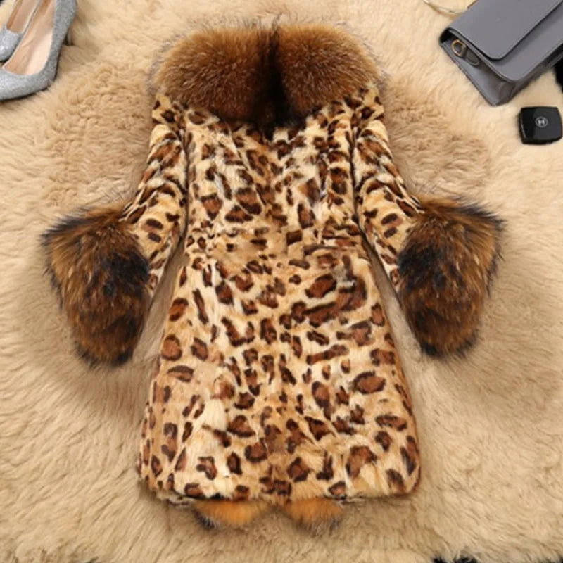 2024 Herfst Winter Jas Vrouwen Imitatie Bont Jas Nieuwe Mode Luipaard Print Imitatie Wasbeer Bontkraag Jas Vrouwen Overjas