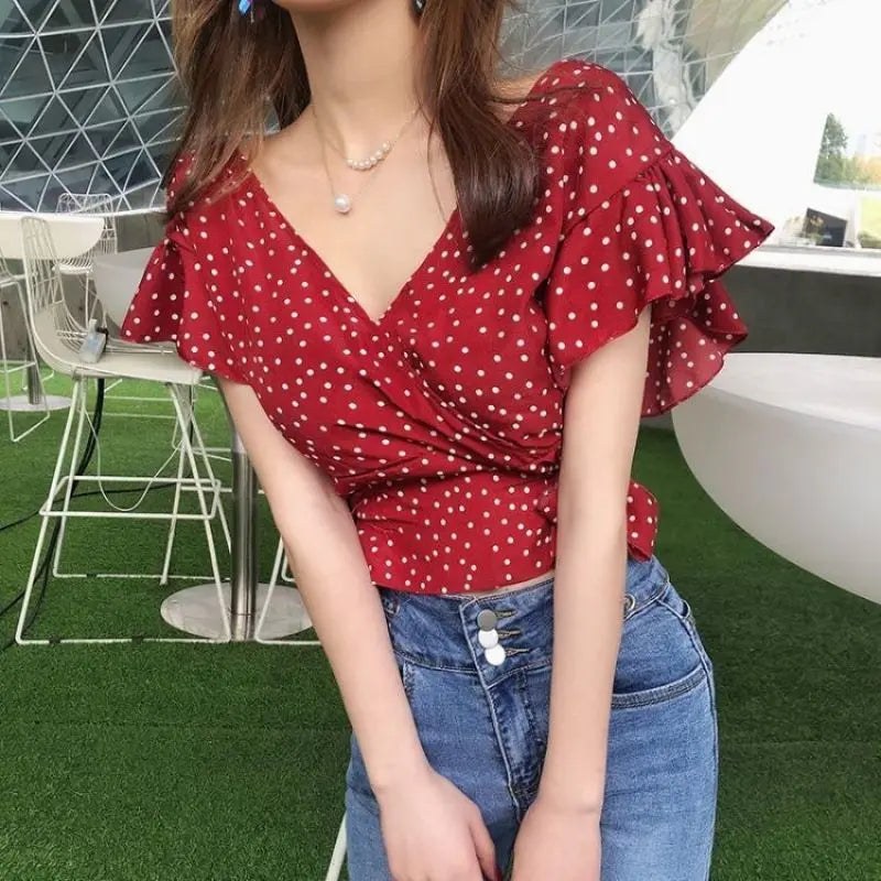 Polka Dot Printing Chiffon Lace Up V-Neck Sexy Chic Flying Sleeve Women's Blouse Shirt Korean Fashion Female Clothing Tops 2024