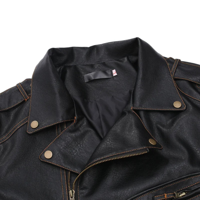 Vintage Motorcycle Multi-zip Jacket With Lapel Pu Leather Multi-pocket Leather Jacket