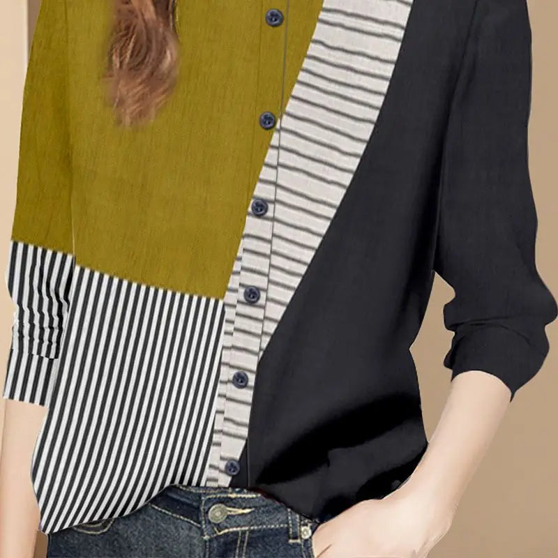 Spring and Autumn 2024 New Fashion Retro Contrast Color Printed Women's Polo Neck Stripe Long Sleeve Spliced Loose Shirts Tops