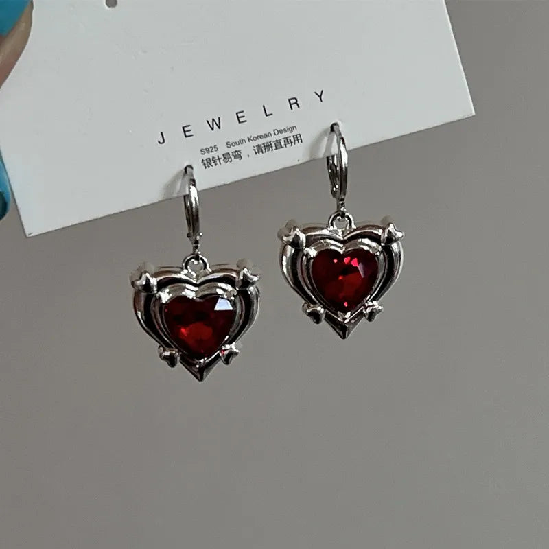 Y2K Goth Heart Cross Star Pendant Earrings Women Red Zircon Love Dangle Earring Gothic Irregular Tassel Earrings Fashion Jewelry