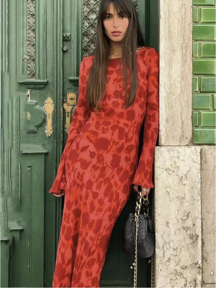 Ladies Elegant Chiffon Floral Print Flare Sleeve Maxi Dress For Women's Summer Slim Beach Holiday Party Dress Vestido