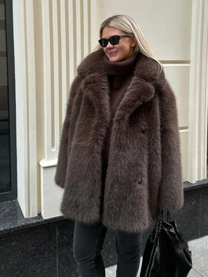 Autumn Winter Thick Warm Women Faux Fur Coat Turn-down Collar Long Sleeve Coats Casual High Quality Fluffy Jacket Outwear