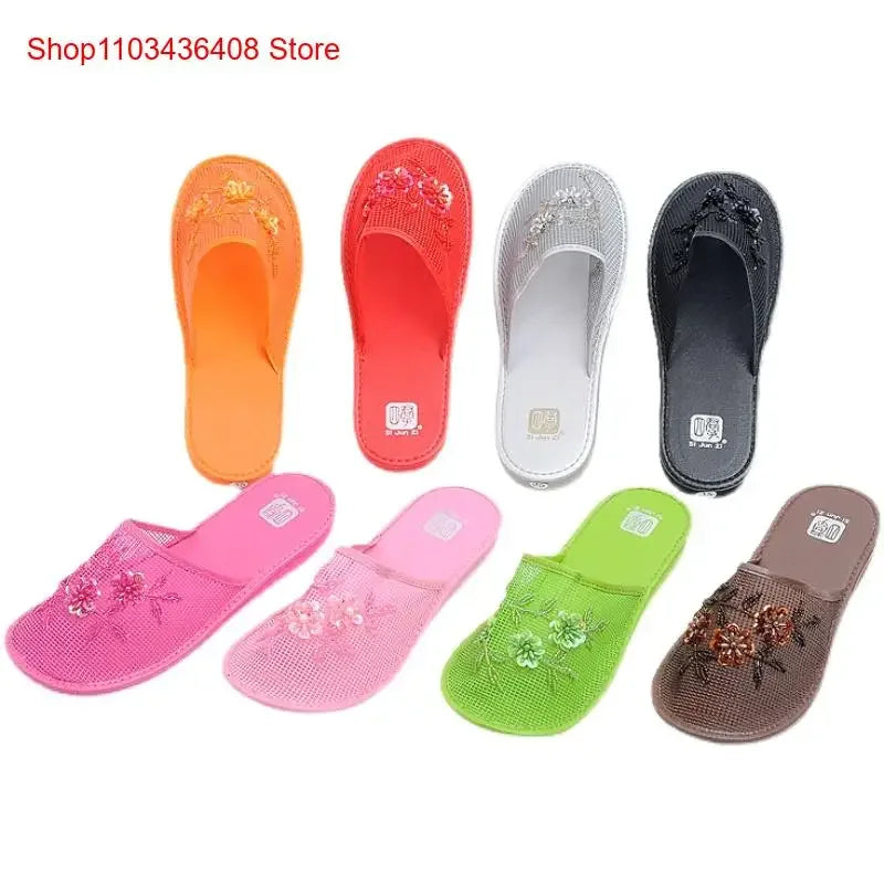 Women Stylish Mesh Floral Slippers Flats Flip Flop Loafers Ladies Mules Fresh Breathable Home Floor Parent-Child Eva Bottom