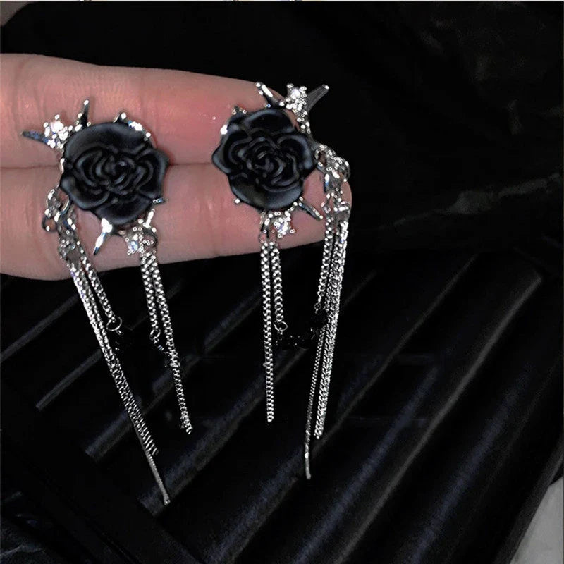 Fashion Jewelry Retro Black Rhinestone Rose Long Tassel Earrings For Women Jewelry