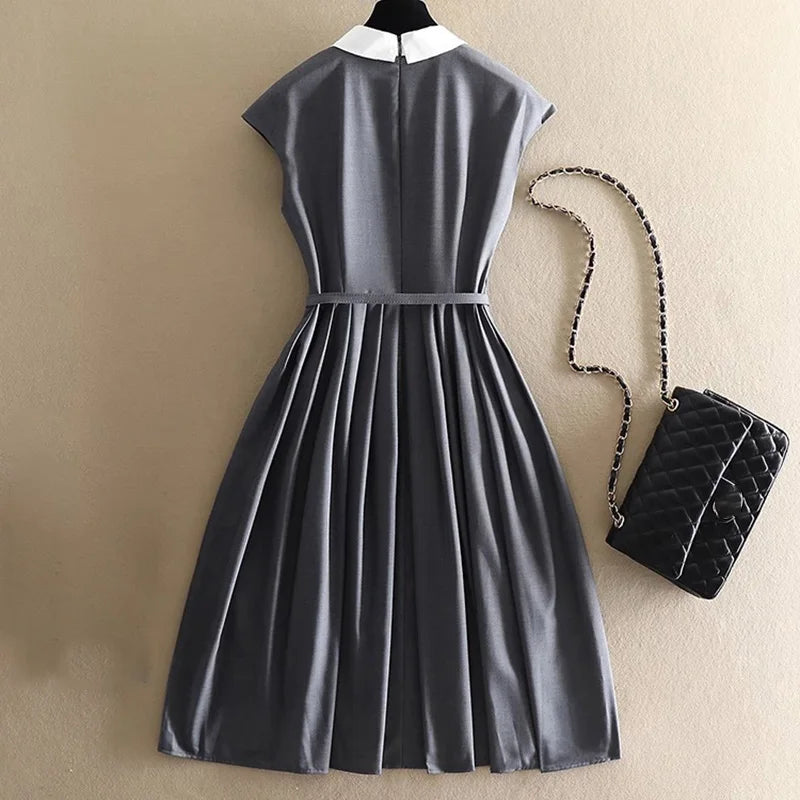 French Style Shirt Dresses Women Belt Turn-Down Collar Simple All-matched Mid Long Skirt Fashion Office Lady A-line Dress