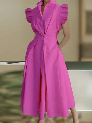Lemongor 2024 New Summer Female Fashion Fuchsia Evening Maxi Dresses Flying Sleeve Elastic Waist Lapel Pleated A-line Long Dress