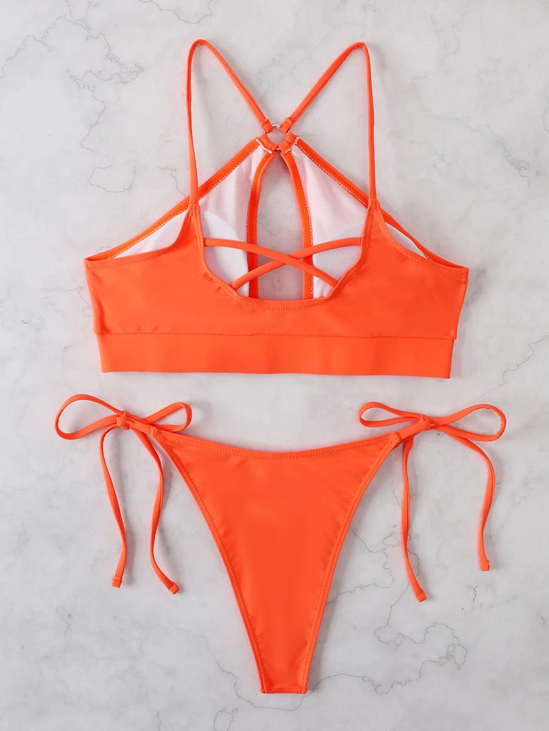 New 2024 Women Halter Backless Swimsuit Cut-Out 2 Pieces Suit Swimwear Push Up Thong High Waist Bikini Set Biquini Bathing Suits