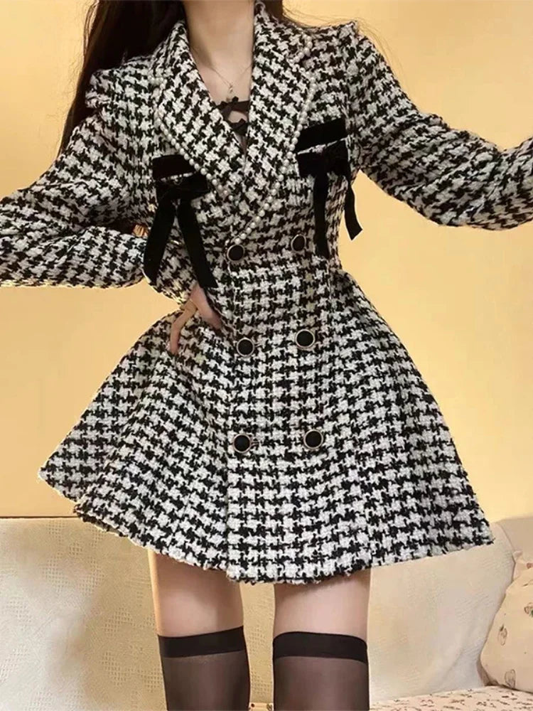 Plaid Vintage Kawaii Dress Women Patchwork Elegant Party Mini Dress Female Korean Fashion Y2k One Piece Dress 2023 Autumn Winter