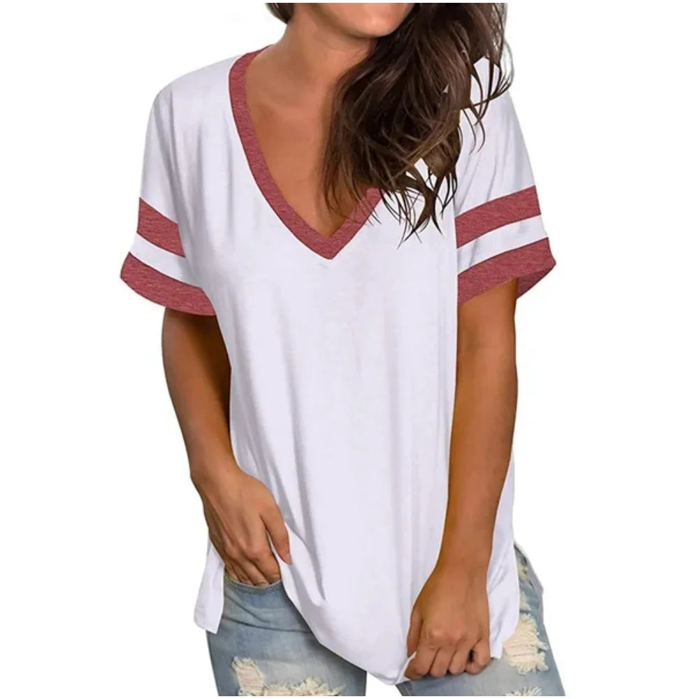 Striped T-shirt Women's New Lovely Female Tops Tee Fashion Colorful V-neck Short-sleeve Y2k Clothes 2023 Womens Oversize T Shirt