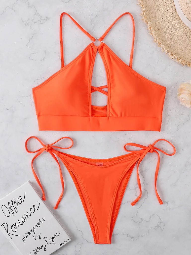 New 2024 Women Halter Backless Swimsuit Cut-Out 2 Pieces Suit Swimwear Push Up Thong High Waist Bikini Set Biquini Bathing Suits