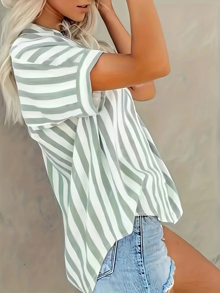 Plus size women's striped printed lapel short sleeved shirt women's loose and personalized clothing printing new style