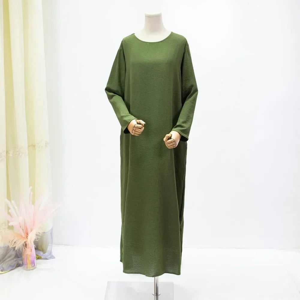 Women Long Dresses Muslim Ramadan Loose Maxi Dress Solid Crew Neck ,Elegant Long Sleeve Muslim Abaya ,Women's Clothing