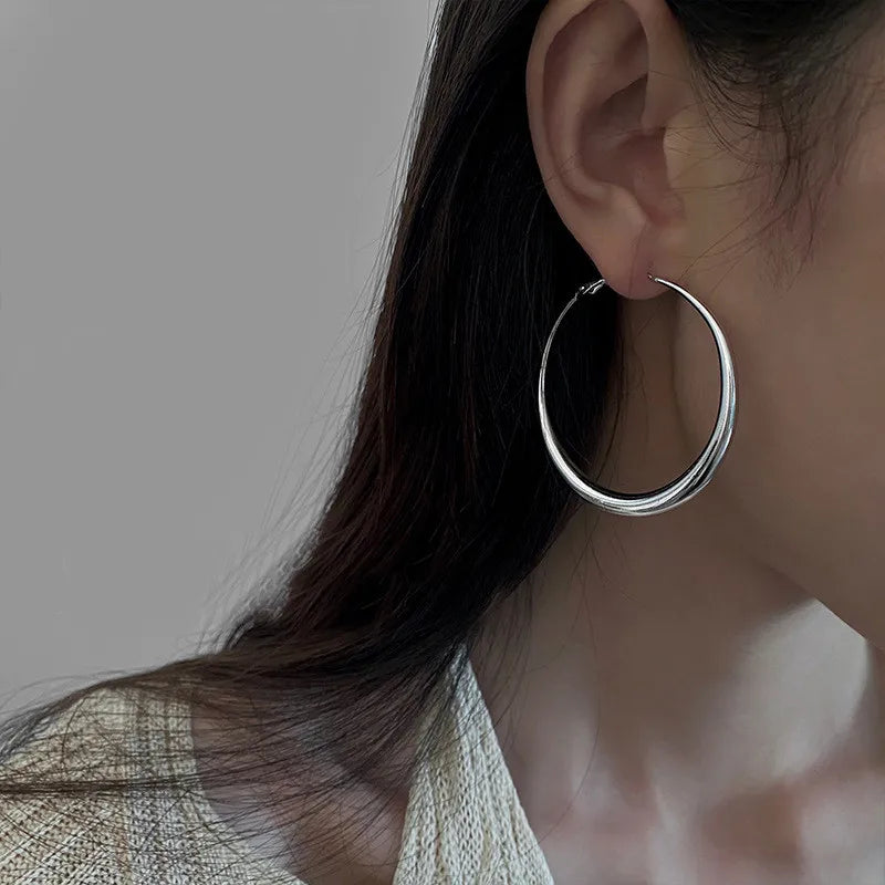 2024 New Trendy Silver Color Big Circle Hoop Earrings for Women Exaggerated Metal Geometric Smooth Round Earrings Jewelry Gift
