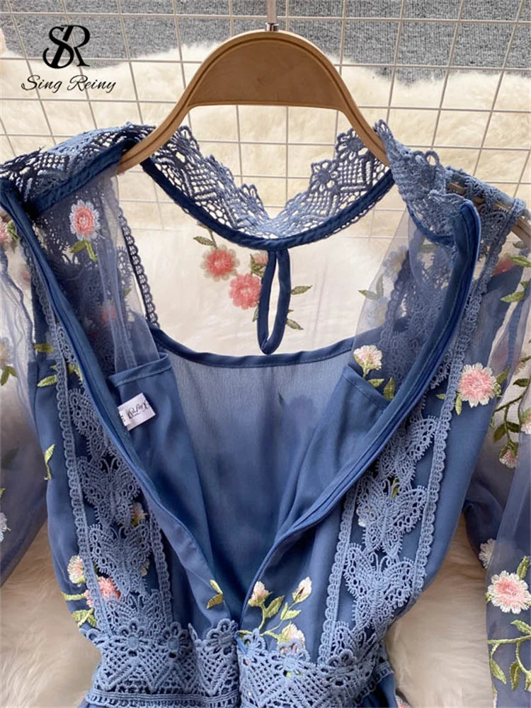 SINGREINY Autumn Gauze Sweet Party Dress Women Embroidery Long Sleeve A Line Female Fashion Streetwear Long Print Evening Dress