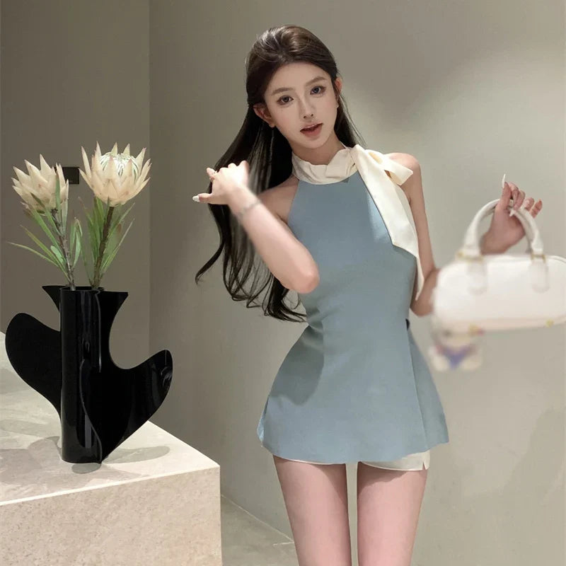 Slim Fit Bodysuits Sleeveless Half High Neck One Line Shoulder Bow Pullover Sexy Bodysuit For Women