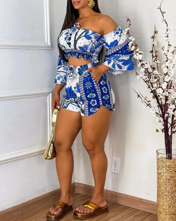 Two Piece Set Women Outfit 2024 Summer Floral Print Shirred Off The Shoulder Top & Casual Pocket Design Drawstring Shorts Set