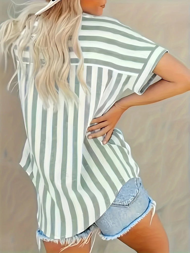 Plus size women's striped printed lapel short sleeved shirt women's loose and personalized clothing printing new style