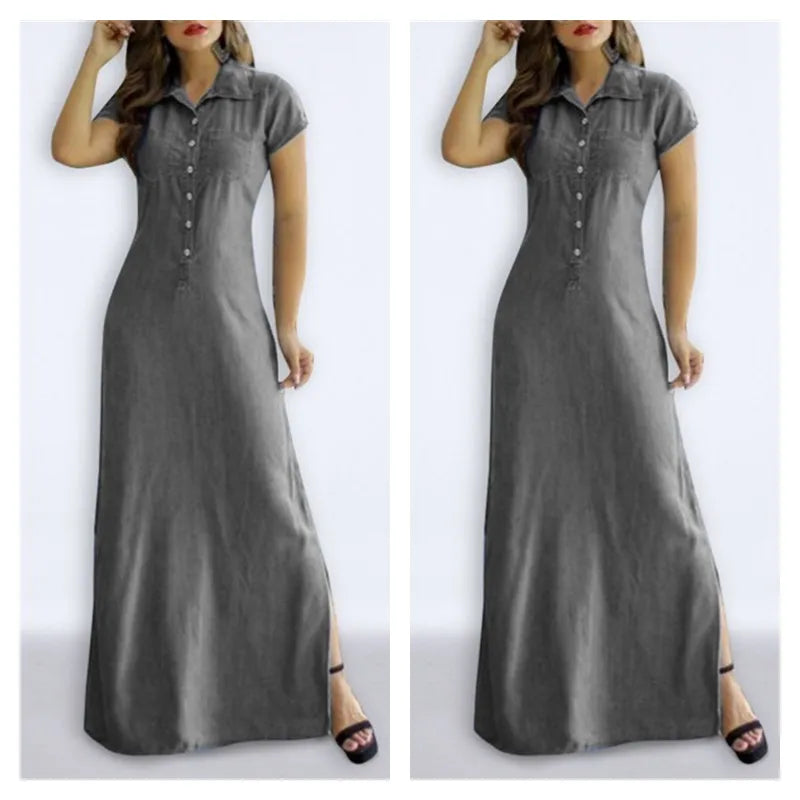Europe And America Cross Border New Long Dress Shirt Collar Split Pocket Large Swing Dress Large Casual Denim Dress