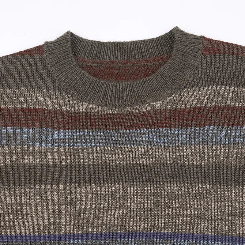 Imcute Women Y2K Argyle Striped Pullover Sweater Casual Long Sleeve Round Neck Vintage Preppy Style Pullover Knitwear(