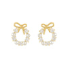 Round Wreath Bow Pearl Stud Earrings Elegant Trend Fashion Korean Women Jewelry Simple Pearl Stud Earrings Small Zircon Ear Clip