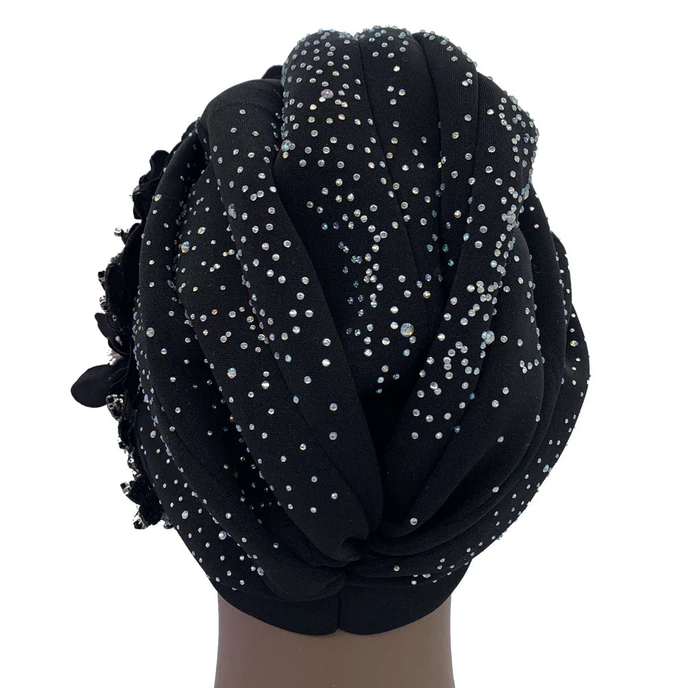 Elegant African Turban Cap with Shiny Rhinestone Ready to Wear Nigeria Auto Gele Headtie Party Women's Head Wrap Bonnet Turbante