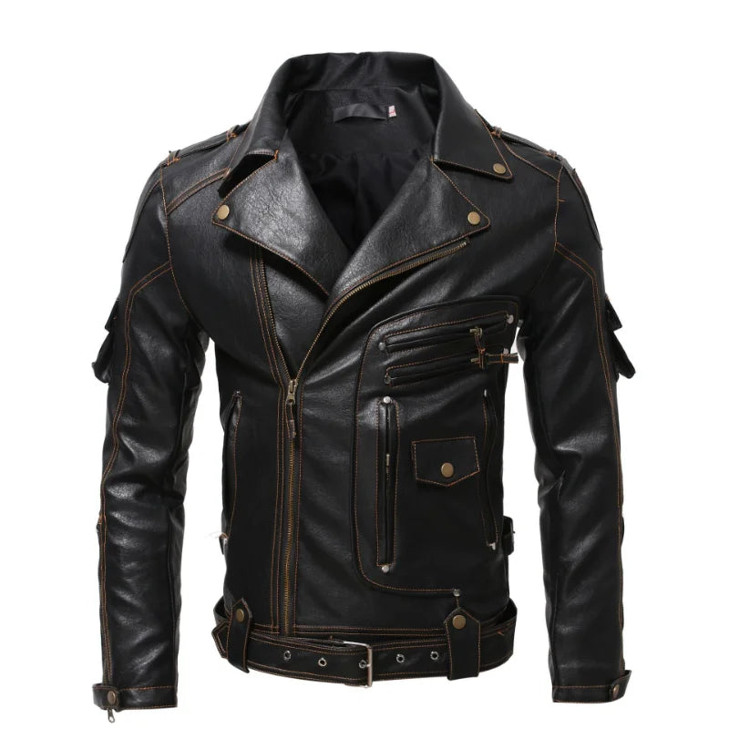 Vintage Motorcycle Multi-zip Jacket With Lapel Pu Leather Multi-pocket Leather Jacket