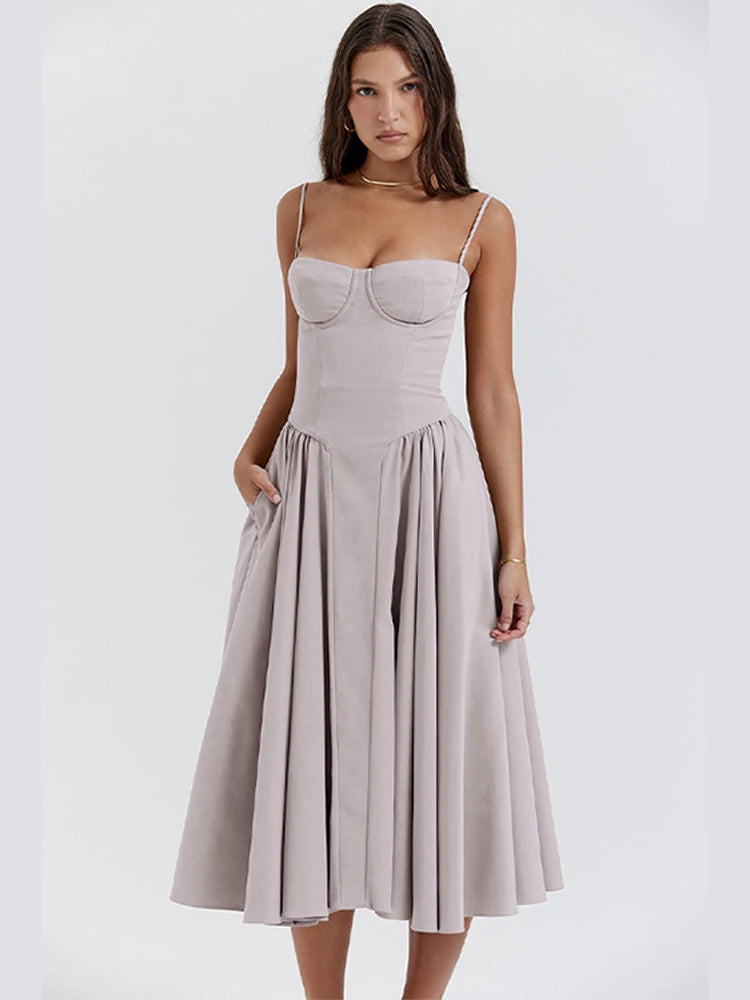 Sexy Solid Pleated Hem Sling Dress Women Fashion Midi Sleeveless Backless Dresses Female 2024 Summer Party Evening A-line Robes